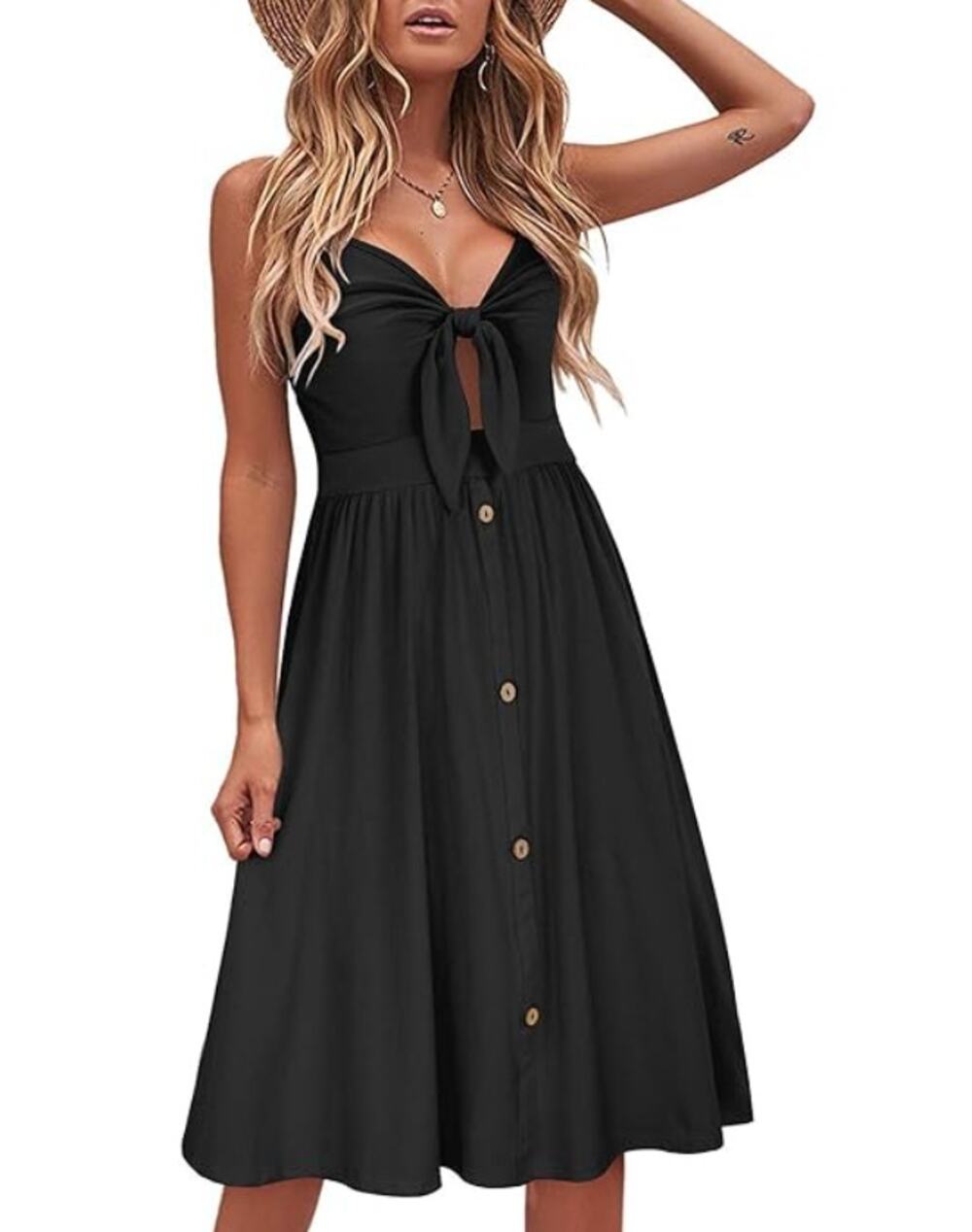 Black Cut Out Tie Front Midi Sundress Womens V Neck Spaghetti Straps Faux Button